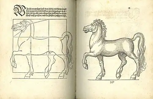 Pages tirées de l'ouvrage Dises buchlein zeyget an und lernet ein maß oder proporcion der Ross…, 1528, pp. 17-18, British Museum, London, inv. 1918,0309.3.