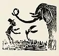 Xylographie. À droite un éléphant dont la trompe forme un nœud. À gauche un homme en chapeau. Au centre, un ibis.