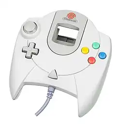 Vue d'une manette composée de 4 boutons à droite, d'un pavé directionnel et d'un stick analogique à gauche