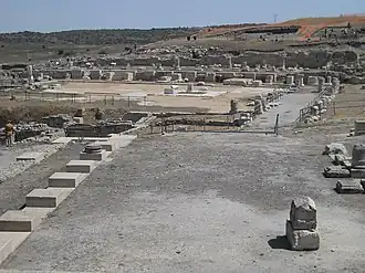 Vestiges, principalement des fondations au centre de l'image, du forum de Segóbriga.