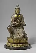 Sculpture en bois doré (vers 1400 - 1600) du bodhisattva Seishi, avec les mains en gasshō (mudra anjāli).