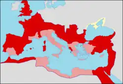 Carte de l'Empire romain qui indique quelles provinces sont sénatoriales et quelles provinces sont impériales. On se rend compte que les provinces sénatoriales sont beaucoup moins nombreuses, et qu'elles ne concernent que des territoires non stratégiques pour la défense : l'Italie, la Grèce, l'Ionie, la Bétique (Andalousie actuelle), une partie de l'Afrique du nord.