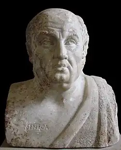 Portrait de Sénèque dans un double portrait avec Socrate, dos à dos. Vers 200-250. H. 28 cm. Rome.