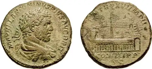 Sesterce de Caracalla avec au revers une vue aérienne d'une course de chars dans le cirque Maxime : les détails architecturaux sont les mêmes que sur le sesterce de Trajan.