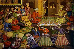 Peinture de style persane montrant des hommes assis et discutant.