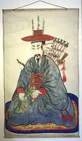 Divinité du chamanisme. : Garde royal. Couleurs sur papier. H. 101 cm. XIXe&nbsp;siècle. Musée Guimet
