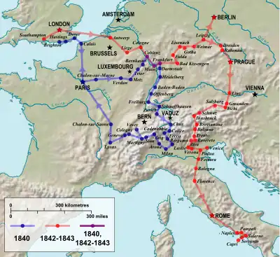 Carte des voyages de Mary Shelley en Europe.