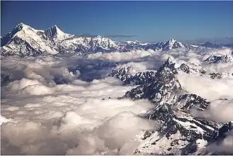 Vue aérienne du Shishapangma (à gauche) depuis l'est.