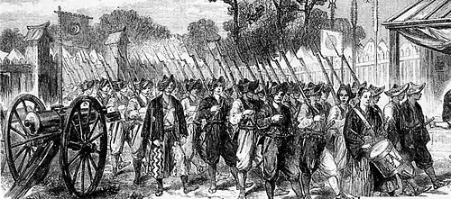 gravure montrant un groupe de soldats japonais en train de marcher en groupe en portant des fusils.