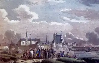 Gravure d'époque, un groupe d'hommes armés devant les remparts de la ville.
