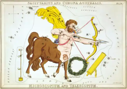 Carte no 24 : Le Sagittaire et la Couronne australe, le Microscope et le Télescope