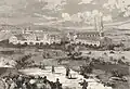 Dessin monochrome de l'abbaye de Frigolet cernée par les militaires.