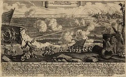 Vue générale du siège de Philippsbourg en 1734 (estampe anonyme).