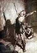 … se cachant, effrayé, pendant que Siegfried brandit l'arme.