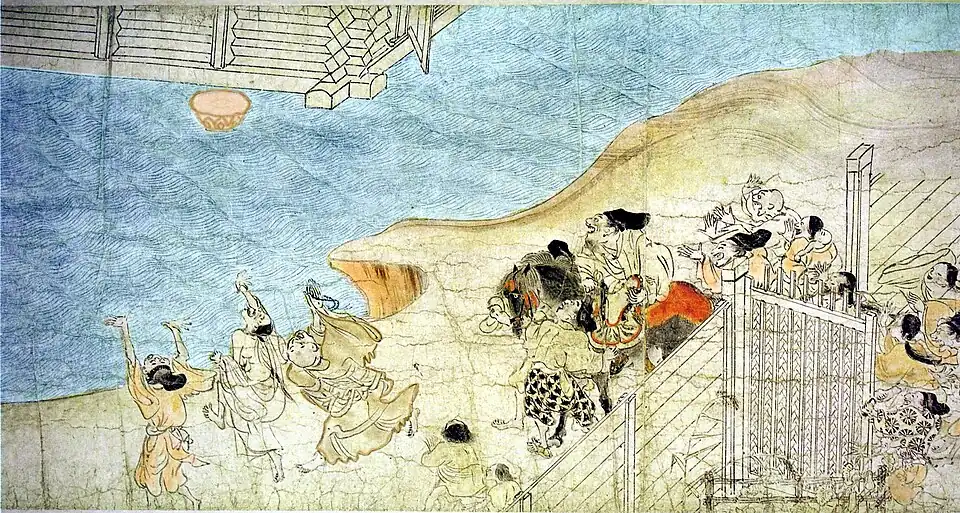 Le grenier s'envole (en haut à gauche).Section du rouleaux des légendes du mont Shigi. XIIe&nbsp;siècle.