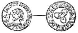 Dessin au trait des deux faces d'une pièce de monnaie, avec un visage de profil d'un côté et un motif à trois lobes de l'autre. Une inscription en lettres majuscules fait le tour des deux faces.