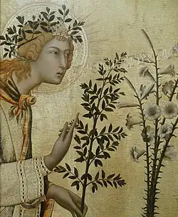 Détail de peinture. L'ange tient à la main un rameau d'olivier.