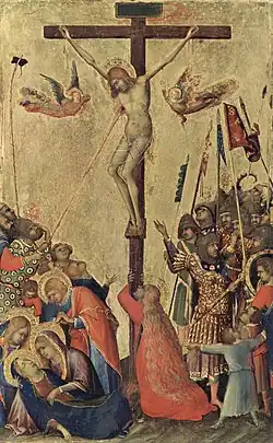 Christ en croix sur fond doré entouré d'une foule et de deux anges