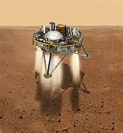 Vue d'artiste montrant InSight quelques mètres au-dessus du sol avec le jet de ses moteurs.