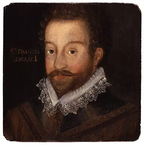 Portrait en buste d'un homme devant un fond noir, avec la légende « Sr Francis Draeck ».