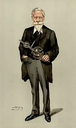 Caricature de Sir William Crookes (1832-1919) tenant en main un de ses tubes à vide qui porteront son nom