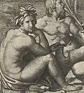 Dessin en noir et blanc représentant deux personnages dont un se tient assis, le bras plié, la tête appuyée sur la main, le regard tourné vers le spectateur.