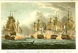 Aquatinte montrant la disposition des navires lors de la mort du commandant du Bellorophon.