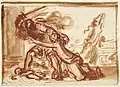 Dessin au pinceau et sanguine esquissant le tableau de Poussin