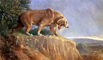 Reconstitution d'un tigre à dents de sabre présenté au milieu d'un paysage forestier.