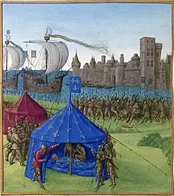 Vue d'une miniature médiévale avec une tente dans laquelle est présent une personne allongée, à l'arrière-plan deux navires et une armée, au fond une fortification.