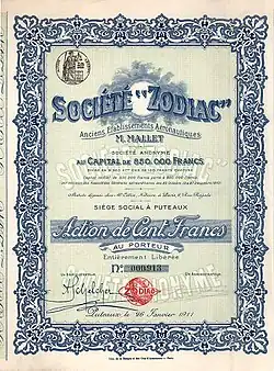 Action de la Société Zodiacle 26 janvier 1911.