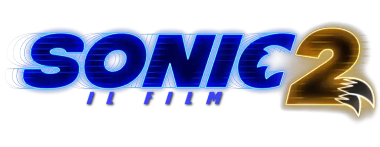 Sur une première ligne, "SONIC" en capitales bleues. Sur une deuxième ligne, "LE FILM" en capitales bleues. A côté, faisant la même hauteur que les deux lignes, un "2" jaune finissant par deux queues de renard.