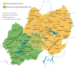 Carte du sud de l'Allemagne et du nord de la Suisse représentant deux territoires indépendants l'un de l'autre : une région dénommée "Alsace" fait partie du territoire dénommé "Souabe" situé en haut de la carte.