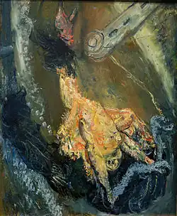 Nature morte représentant un dindon plumé sur une table, seule couleur vive dans un ensemble bleu-noir.