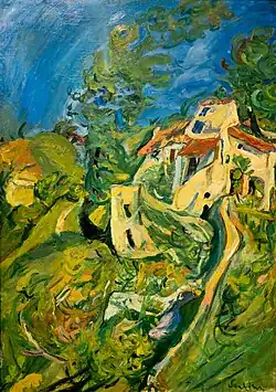 Paysage campagnard où dominent le bleu et le vert, avec sur la droite une route et un village en tons clairs.