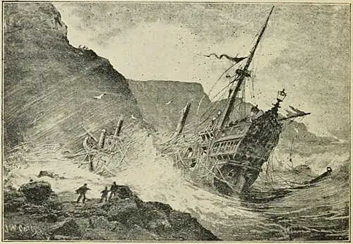 Gravure du XIXe&nbsp;siècle représente un galion espagnol faisant naufrage à Port-Na Spaniagh en 1588. Lacada Point et les Spanish Rocks sont à l'arrière-plan.