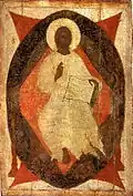 Christ en gloire. Icône du registre déisis l'iconostase de la cathédrale de l'Annonciation de Moscou au Kremlin de Moscou. Théophane le Grec (?). Fin XIVe&nbsp;siècle.