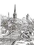 Stüssi défendant le pont de la Sihl (Stumpfschen Chronik)