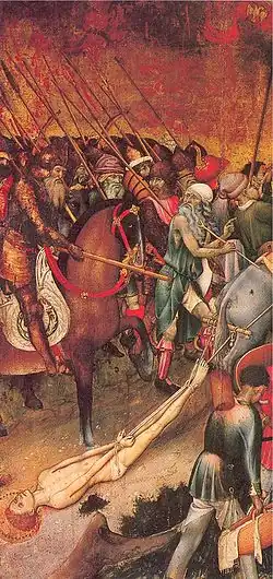 Saint Georges traîné par un cheval.