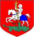 De gueules à un Saint-Georges d'argent terrassant un dragon de sinople.