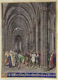 Dans une église voûtée d'ogive, Vrain pose la main sur un personnage agenouillé dans une foule de déments.