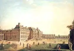 peinture : un château devant lequel des militaires et autres groupes s'activent