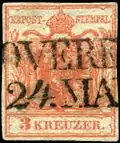3 kreuzer; papier à la main, oblitéré à ROVERETO (Tirol)