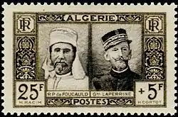 Timbre émis en 1950, rendant un hommage conjoint au père de Foucauld et au général Laperrine.