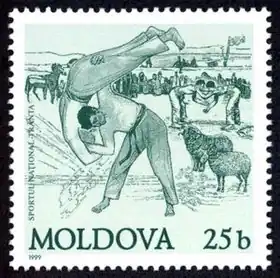 Timbre Sportul Național Trânta, de 1999, de Moldavie, d'une valeur de 25 bani.