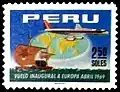 Timbre, fond bleu marine, un Dc-8 survole un voilier.