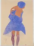 Dessin tricolore sur fond neutre d'une fille de dos, portant des bas, ainsi qu'une robe et un béret de la même couleur bleu outremer