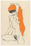 Dessin en plan américain d'une femme nue assise buste droit, bras gauche derrière sa tête enturbannée d'un long tissu