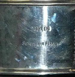 Les mots « 2004-2005 Saison non jouée » (en anglais : 2004-05 Season Not Played) sur la coupe Stanley.
