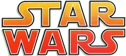 Star Wars est écrit sur deux lignes. Star est écrit en jaune dégradé vers le rouge et Wars est écrit en rouge.